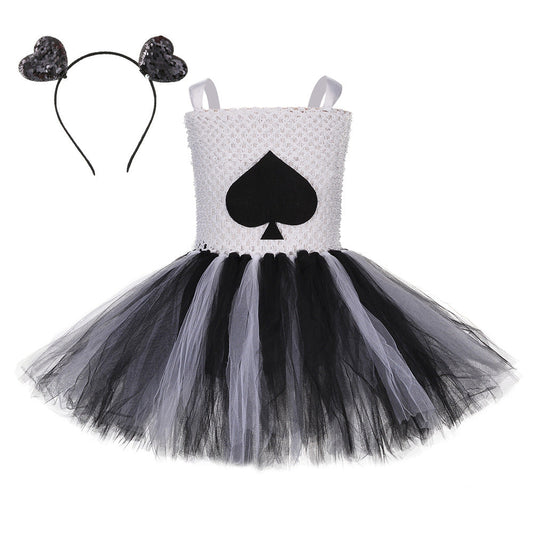 Children Girls’ Halloween Costume Set: Sleeveless Herringbone Pattern Tulle Patchwork Dress with Accessory – Sets-1