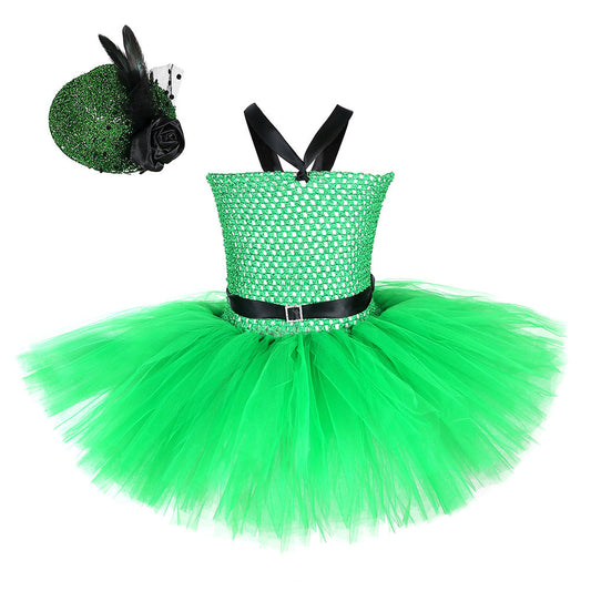 Children Girls’ Halloween Costume Set: Sleeveless Herringbone Pattern Tulle Patchwork Dress with Accessory – Sets-0